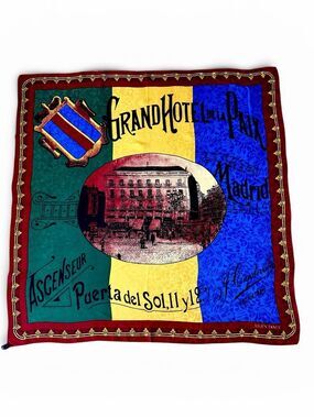 Ellen Tracy Silk Jacquard Scarf Grand Hotel De La Paix Madrid Travel Print Vtg